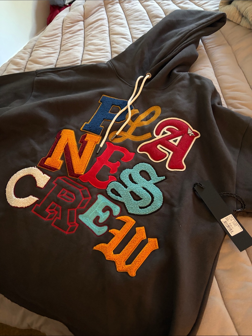 Men's Charcoal Crewneck Hoodie with Colorful Letter Appliqués